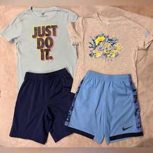 Nike Light Blue and Gray Graphic Tees with Navy and Blue Shorts
